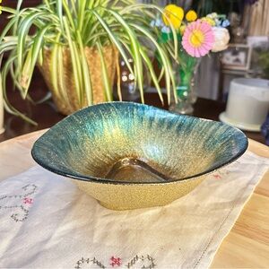 Vintage MCM Triangle Glass Bowl w/ Turquoise & Gold Glitter Rim 7.75”